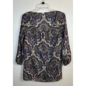 J CREW Purple Paisley Key Hole Neck Silk Popover Blouse XXS 3/4 Sleeve Retro Top